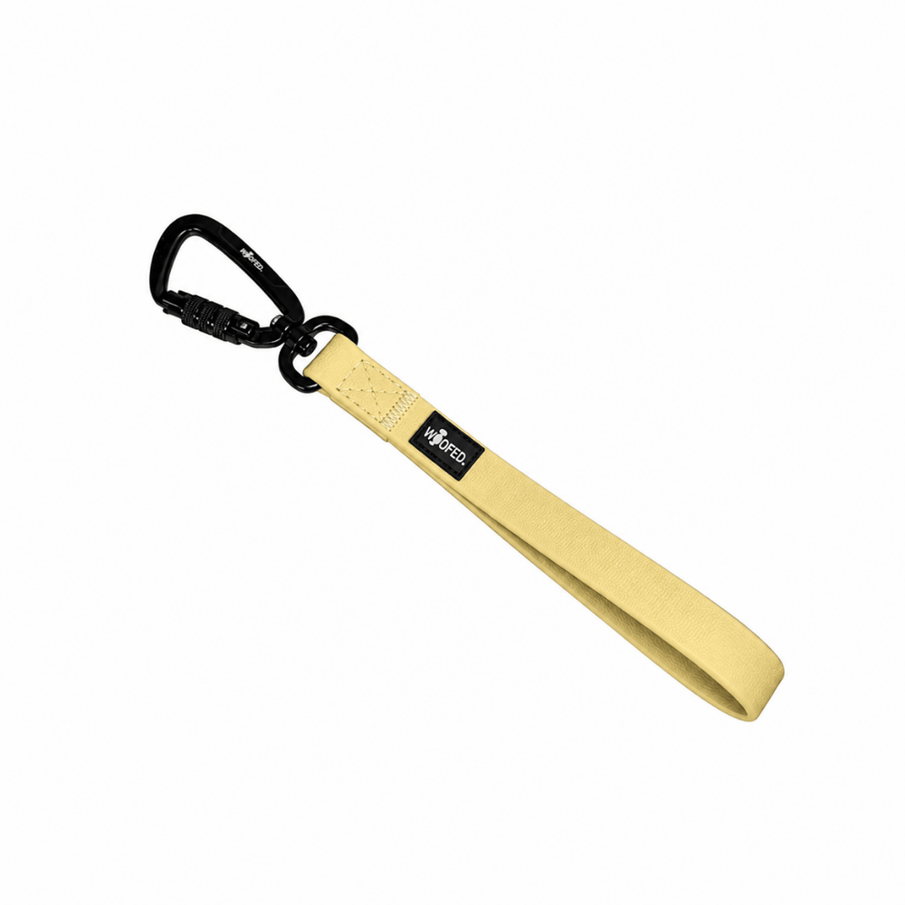 Gelber Schlüsselanhänger aus robustem Material mit Karabinerhaken und Ring für Schlüssel, minimalistisches Design.