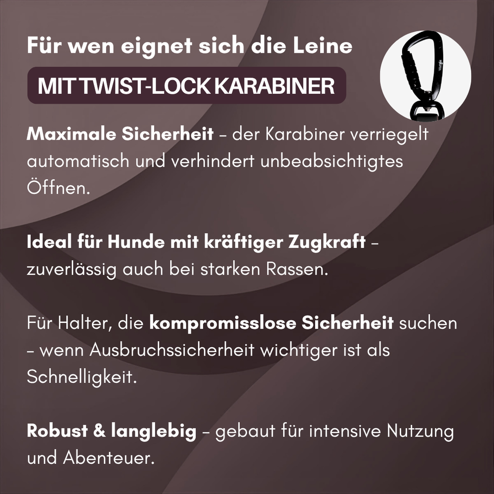 Robuste WOOFLEX® Pro Hundeleine mit Twist-Lock Karabiner für maximale Sicherheit und Kontrolle bei starken Hunden.