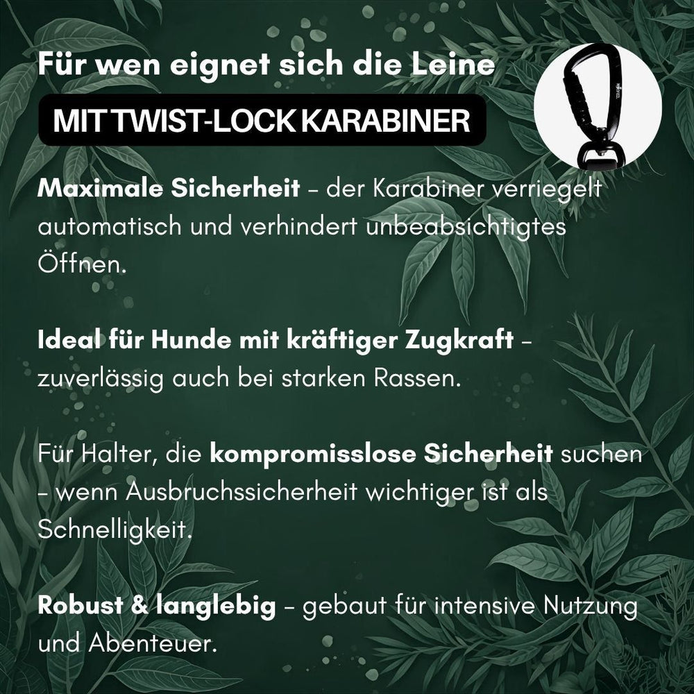"Führleine WOOFLEX® mit Twist-Lock Karabiner für maximale Sicherheit bei kräftigen Hunden."