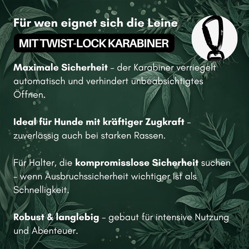 Verstellbare WOOFLEX® Pro Hundeleine mit Twist-Lock Karabiner für sichere Spaziergänge mit kräftigen Hunden.