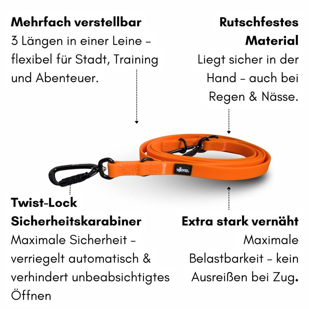 Verstellbare orangefarbene Hundeleine WOOFLEX® mit Sicherheitskarabiner, rutschfest und wetterfest in drei Längen.