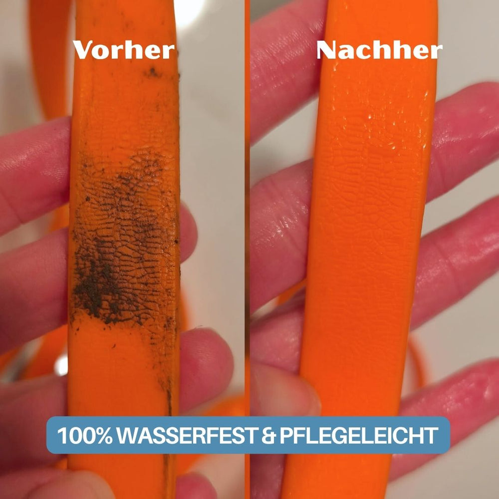 Vergleich vor und nach der Reinigung eines orangefarbenen Sicherheitskarabiners der WOOFLEX® Führleine.