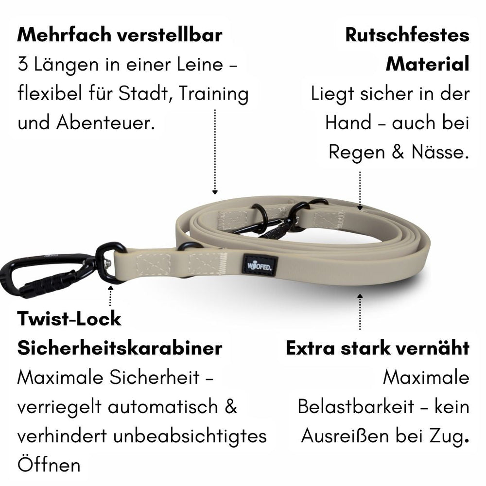 Verstellbare beige Hundeleine WOOFLEX® mit Sicherheitskarabiner für Stadt, Training und Abenteuer, rutschfest und wetterfest.