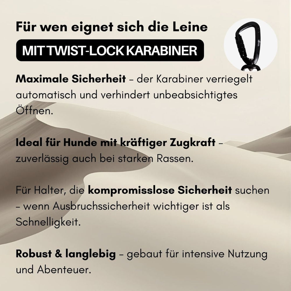 Verstellbare WOOFLEX® Pro Hundeleine mit Twist-Lock Karabiner, robust und sicher für kräftige Hunde.