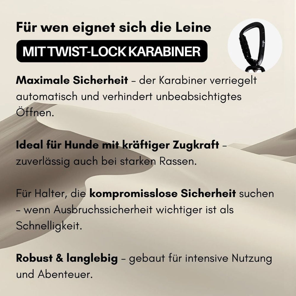 "Hundeleine WOOFLEX® mit Sicherheitskarabiner für maximale Sicherheit und zuverlässigen Halt bei Spaziergängen."