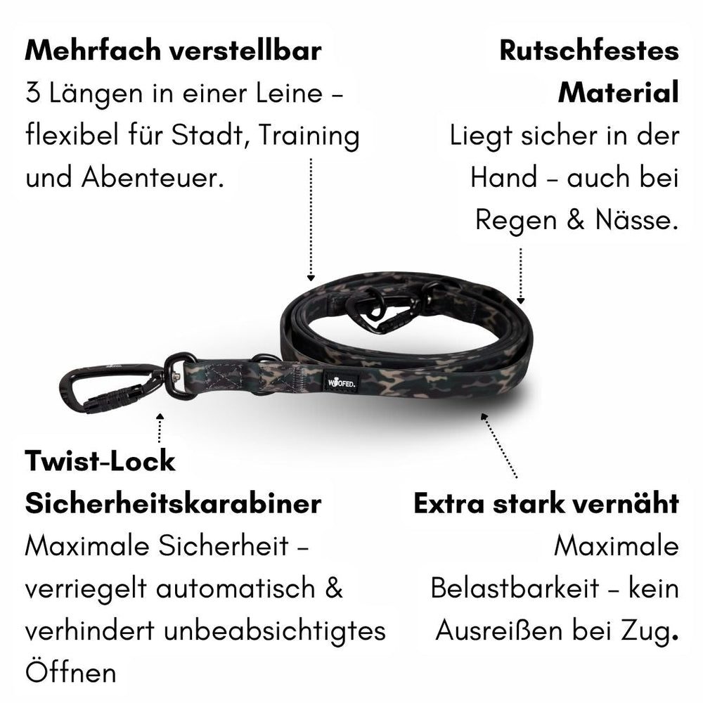 Multifunktionale WOOFLEX® Hundeleine mit Sicherheitskarabiner, verstellbar in drei Längen für Stadt, Training und Natur.