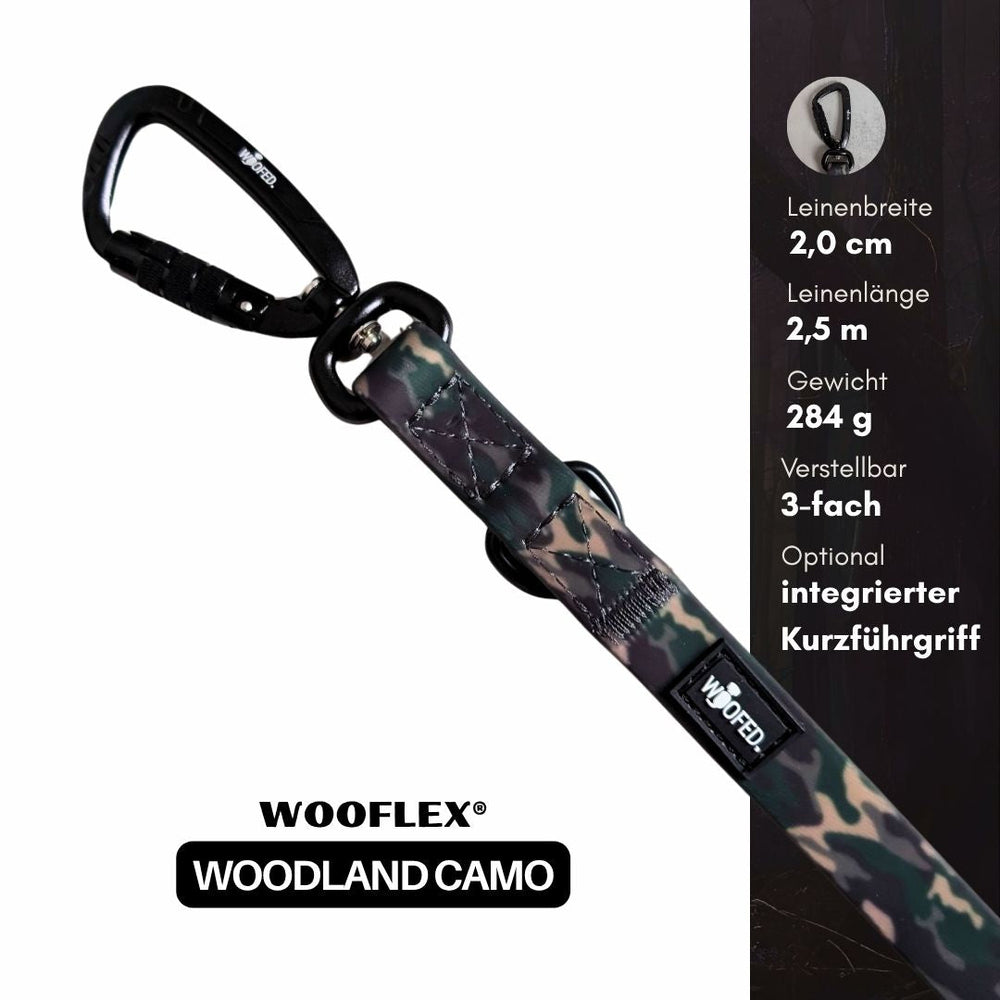 Hundeleine Wooflex im Woodland Camo Design, 2,0 cm breit, 2,5 m lang, ideal für sichere Spaziergänge mit dem Hund.