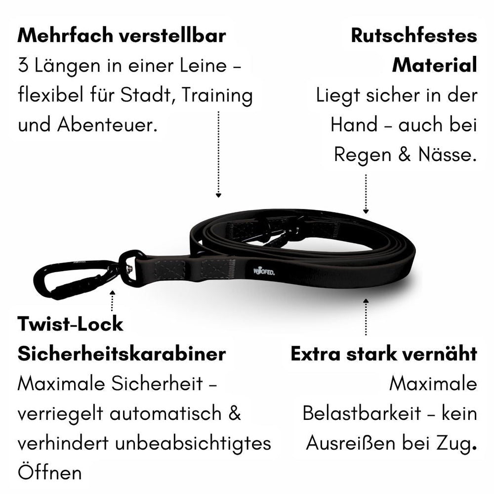 Multifunktionale WOOFLEX® Führleine mit rutschfestem Material und verstellbaren Längen für sicheren Hundespaziergang.