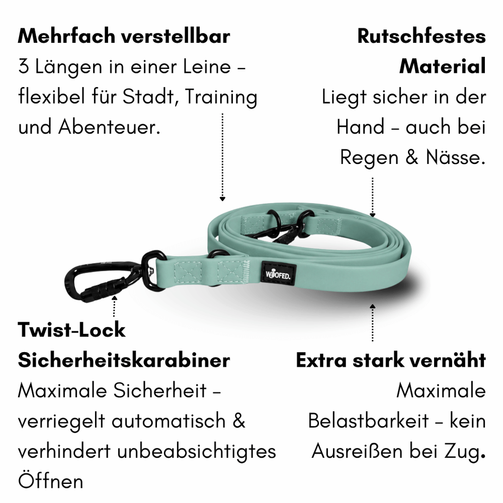 Verstellbare Mintgrüne Hundeleine WOOFLEX® Pro, rutschfest und wasserabweisend für alle Wetterbedingungen.