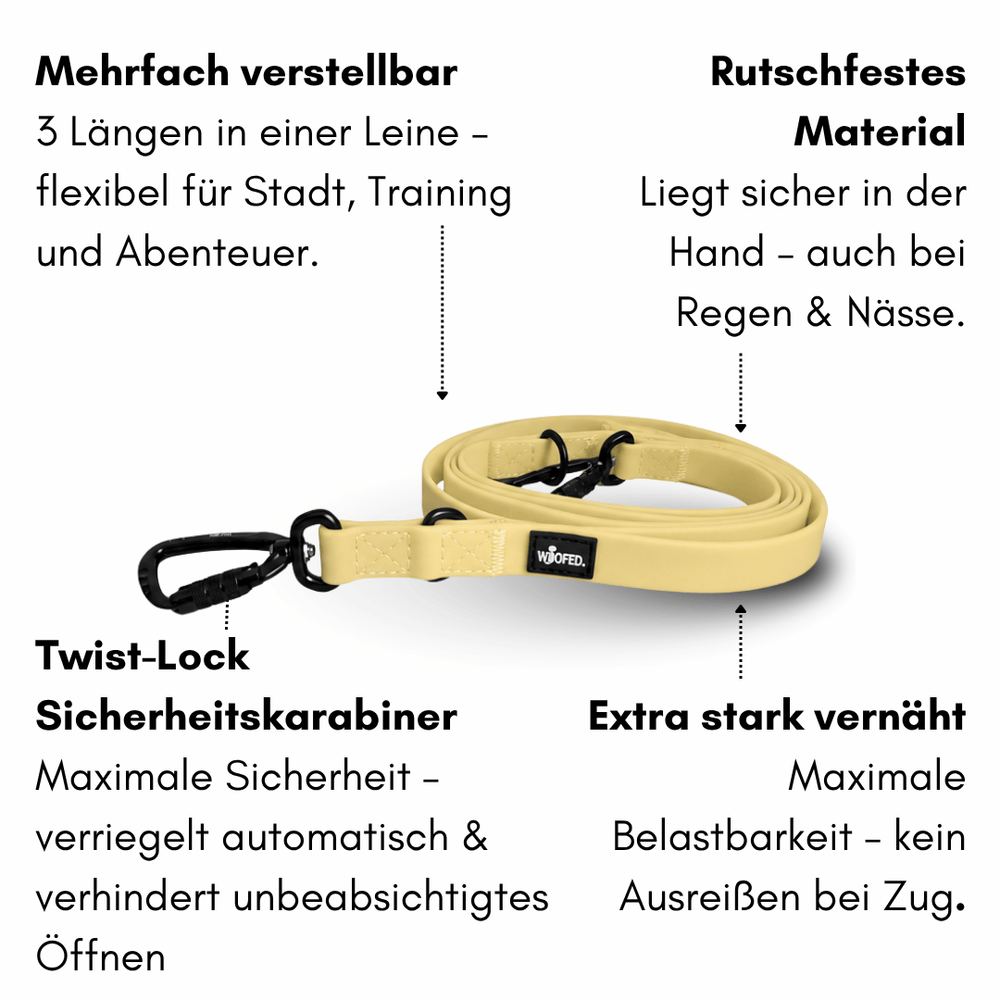 Multifunktionale, dreifach verstellbare Hundeleine WOOFLEX® Pro in sandfarben, rutschfest und robust für jedes Wetter.