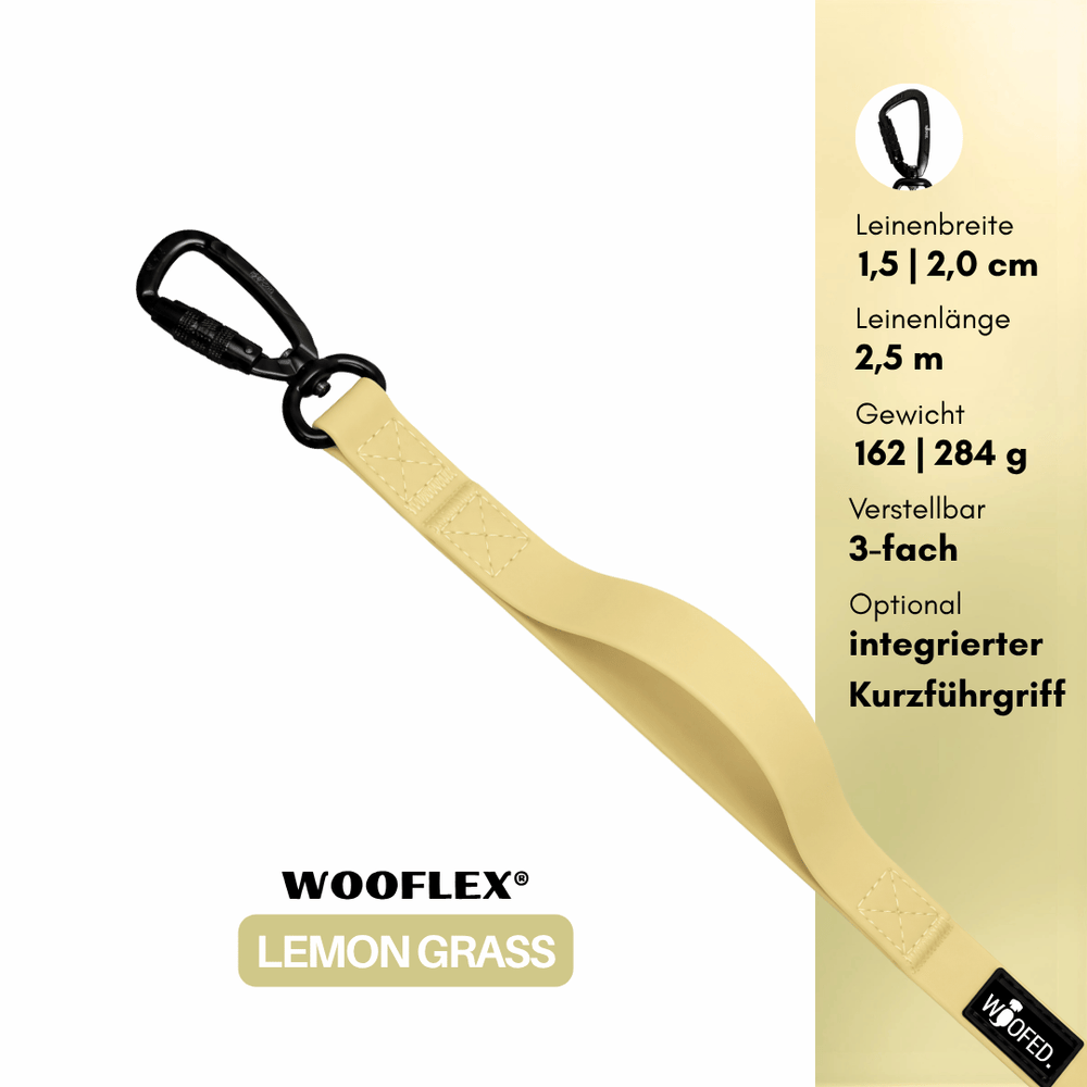 Verstellbare Hundeleine WOOFLEX® Pro in Lemon Grass, 1,5 cm breit und 2,5 m lang, ideal für jede Hundgröße.