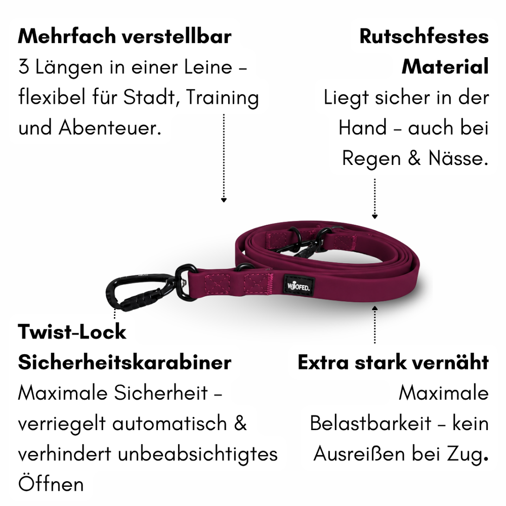 Verstellbare WOOFLEX® Pro Hundeleine in Purpur, rutschfest und dreifach längenverstellbar für optimale Kontrolle.