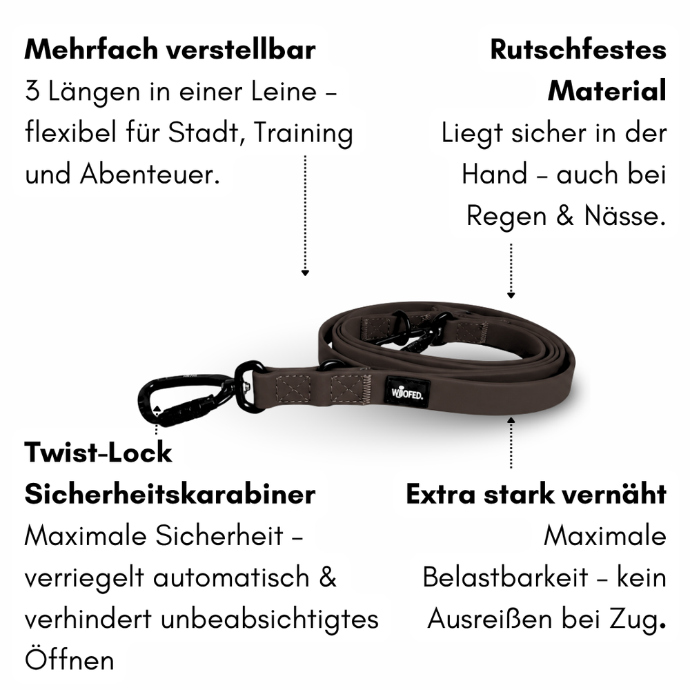 Braune multifunktionale Hundeleine WOOFLEX® Pro, verstellbar in drei Längen, rutschfest und wetterfest.