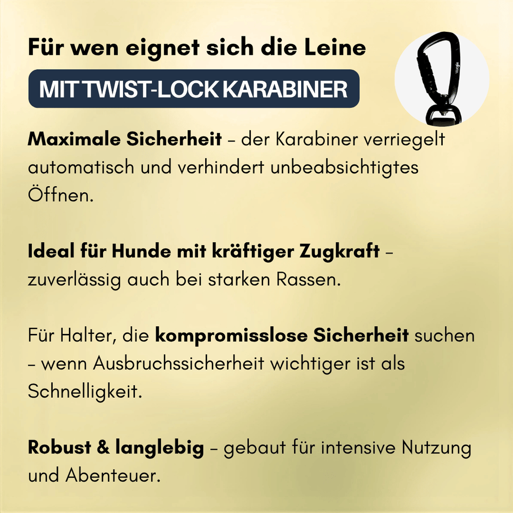 Führleine WOOFLEX® Pro mit Twist-Lock Karabiner für maximale Sicherheit bei starken Hunden.