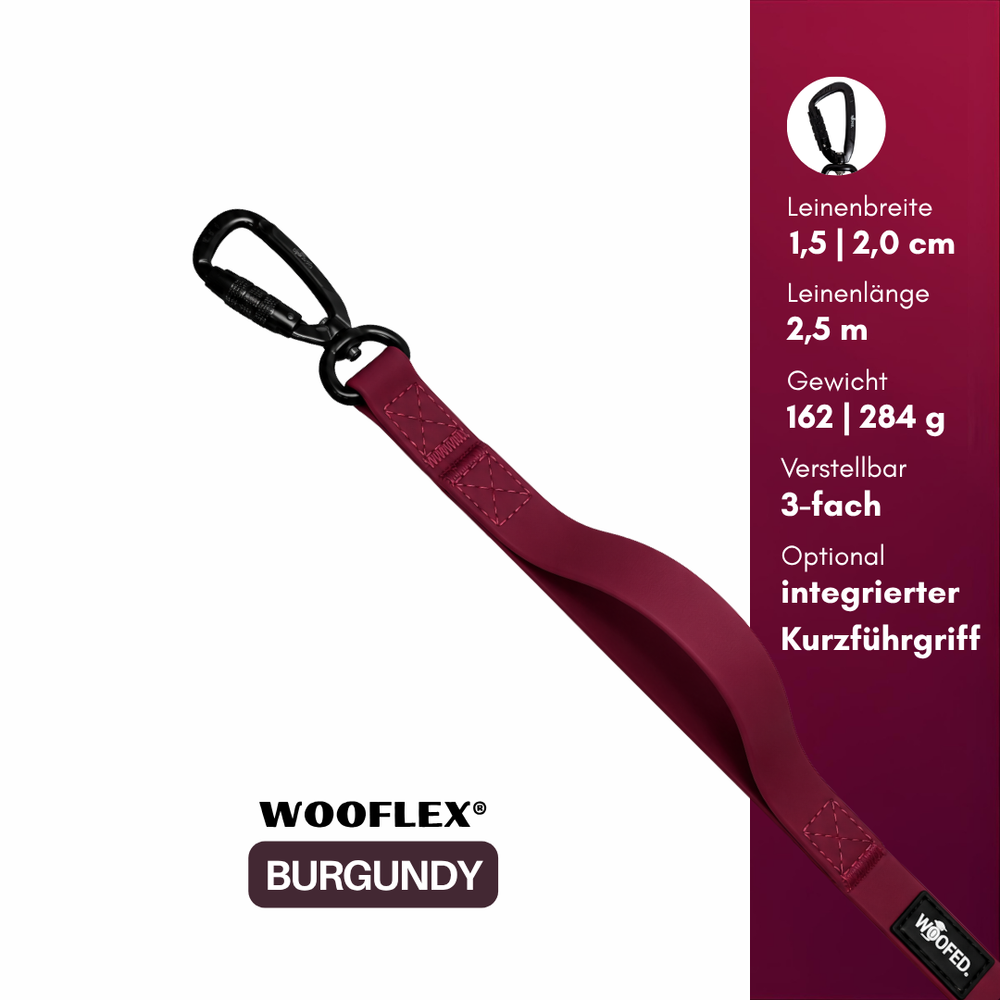 Burgunderrote WOOFLEX® Pro Hundeleine, 2,5 m lang, 1,5 cm oder 2,0 cm breit, leicht mit 162 g. Ideal für Spaziergänge.