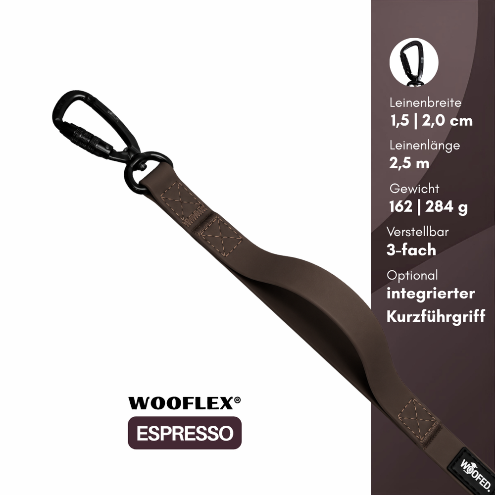 Hundeleine WOOFLEX® Pro in Espresso, 1,5 cm breit und 2,5 m lang, ideal für komfortables Spazierengehen mit Ihrem Hund.