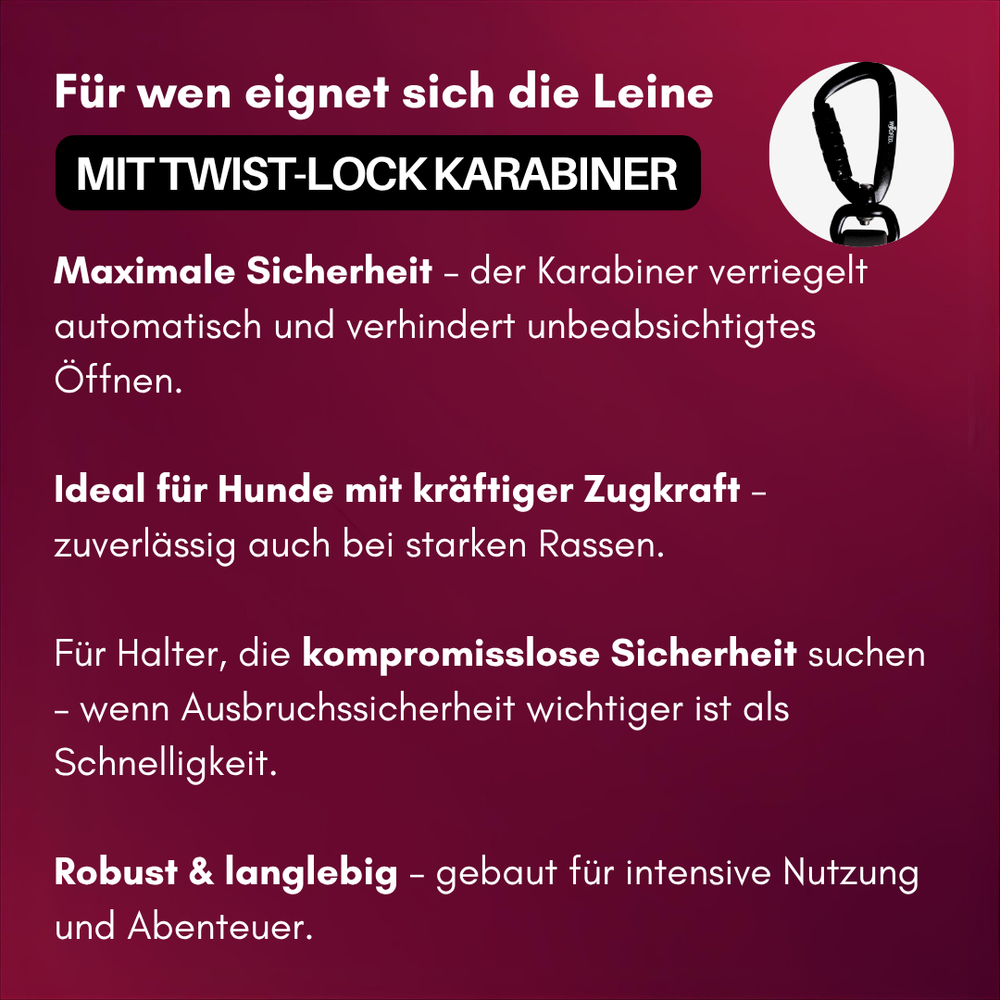 Hundeleine WOOFLEX® Pro mit Twist-Lock Karabiner für maximale Sicherheit und Haltbarkeit bei starken Hunden.