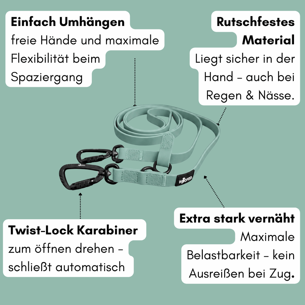 Zweiteilige WOOFLEX® Pro Hundeleine in sanftem Grünton mit rutschfestem Material und automatischen Twist-Lock Karabinerhaken.