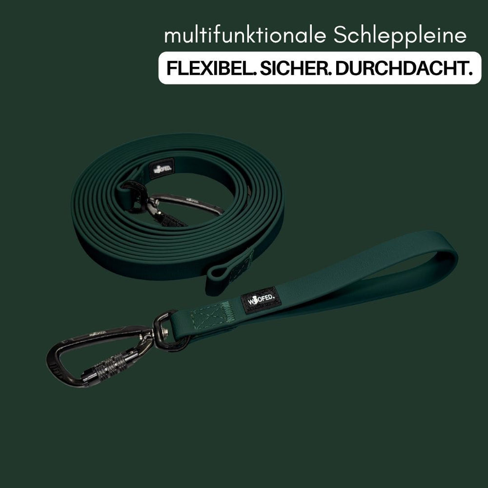 Multifunktionale WOOFLEX® Schleppleine in Grüntönen mit Sicherheitskarabiner für flexibles Training und Auslauf von Hunden.