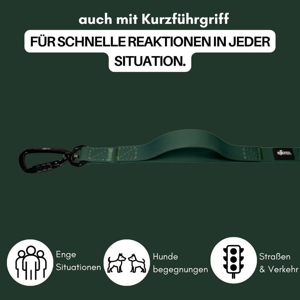 Hundehalsband WOOFLEX® mit Sicherheitskarabiner und Führgriff, ideal für schnelle Reaktionen in verschiedenen Situationen.