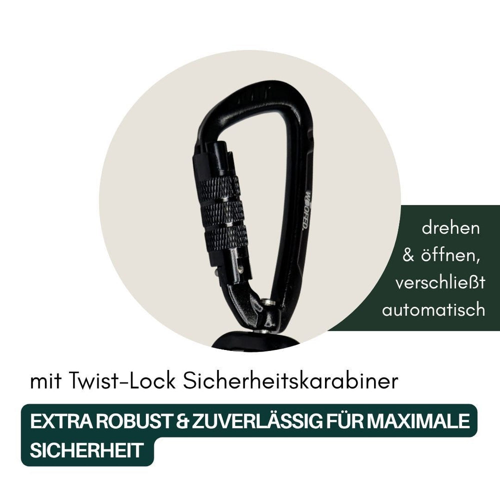 Schwarzer Twist-Lock Sicherheitskarabiner von WOOFLEX®, robust und zuverlässig für optimale Sicherheit.