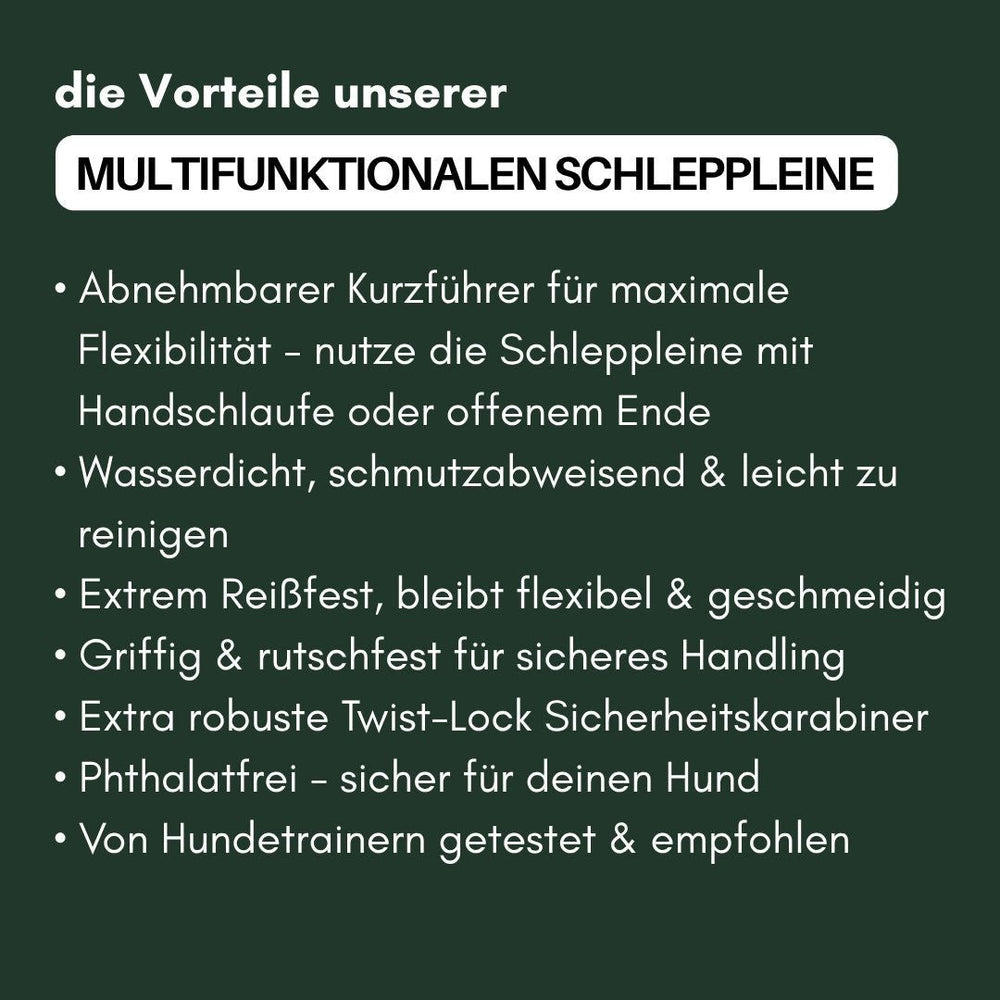 Vorteile der WOOFLEX® Schleppleine: abnehmbarer Kurzführer, wasserfest, reißfest und mit robustem Sicherheitskarabiner.