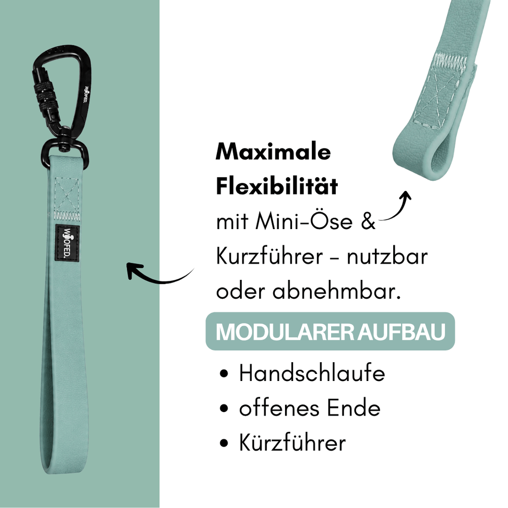 Multifunktionale mintgrüne Schleppleine WOOFLEX® mit Handgelenkschlaufe und abnehmbarem Kurzführer.
