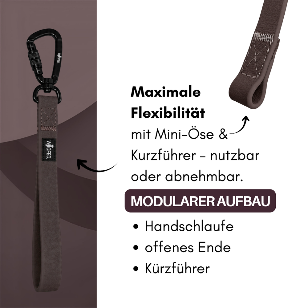 "Multifunktionale WOOFLEX® Schleppleine in Braun mit Karabiner und Handschlaufe für maximale Flexibilität beim Gassi gehen."
