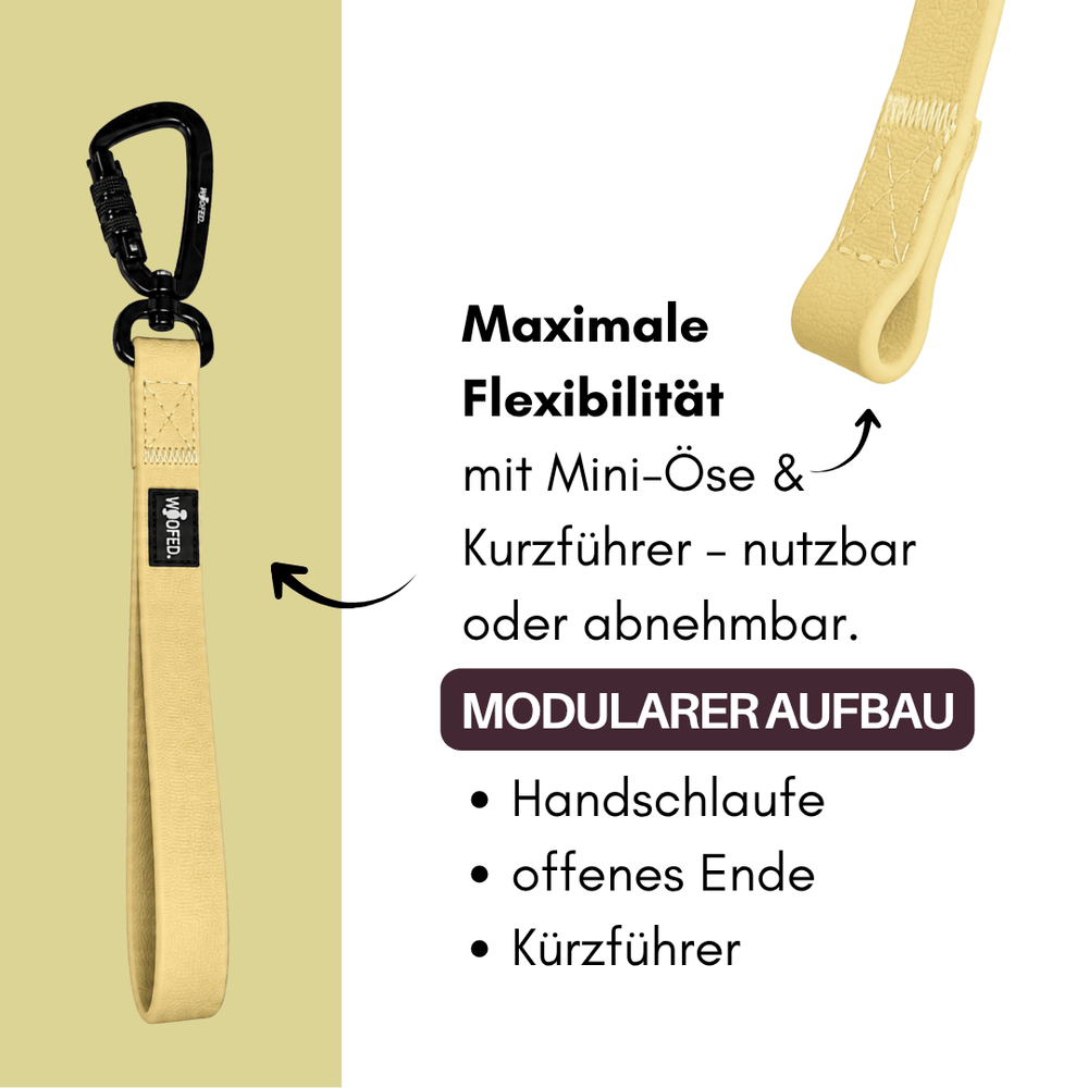 Multifunktionale WOOFLEX® Schleppleine mit Handgriff und Handschlaufe für optimale Kontrolle und Flexibilität beim Hundetraining.