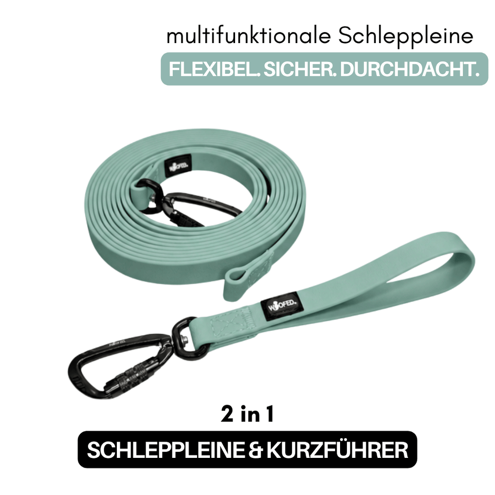 Multifunktionale mintgrüne Schleppleine WOOFLEX® mit Karabinerhaken und Kurzführer für vielseitigen Einsatz.