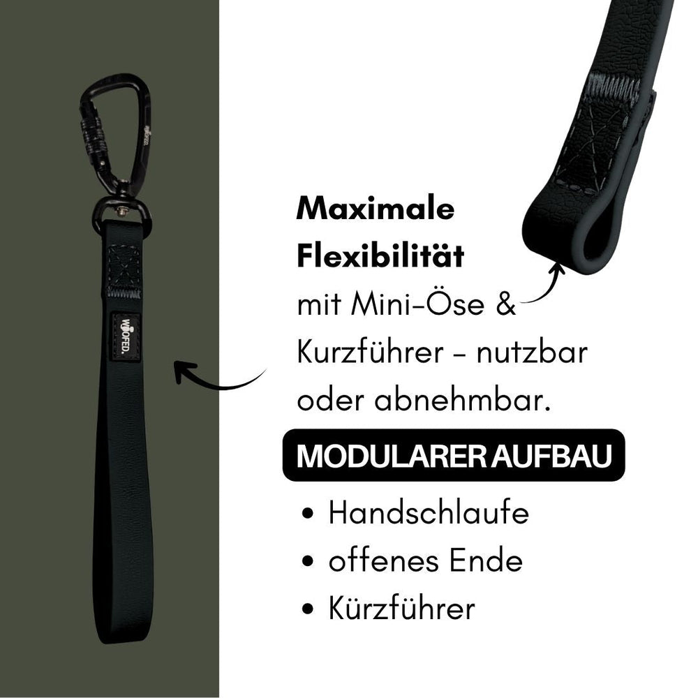 „Schleppleine WOOFLEX® mit Handschlaufe, Kurzführer und flexibler Mini-Öse für optimalen Einsatz beim Hundetraining.“