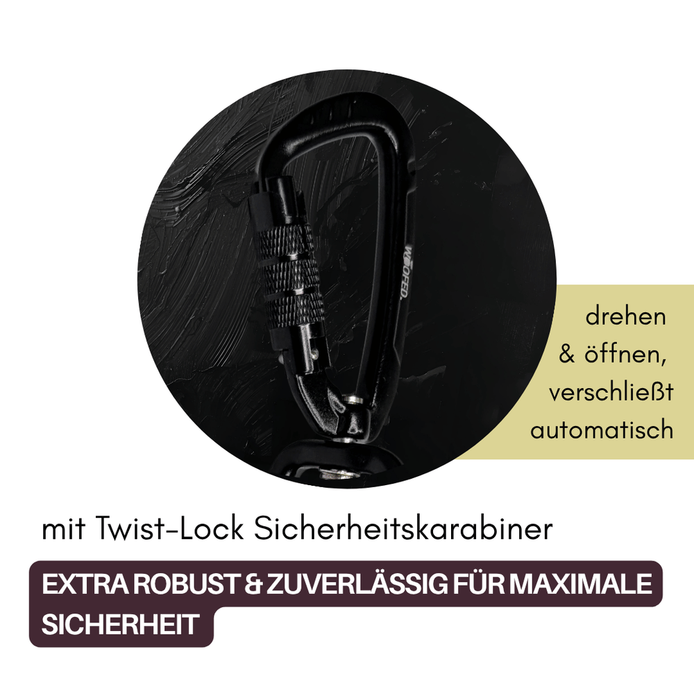 Schwarzer Twist-Lock Sicherheitskarabiner von WOOFLEX® für robuste und sichere Befestigungen.