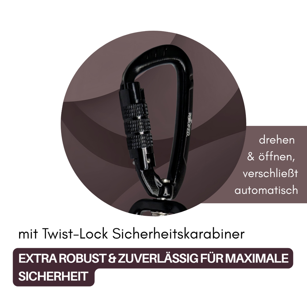 Schwarzer Twist-Lock Karabiner von WOOFLEX® für maximale Sicherheit bei der Verwendung von Schleppleinen.