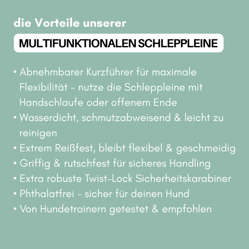 "Multifunktionale WOOFLEX® Schleppleine mit abnehmbaren Kurzführer, wasserdicht, schmutzabweisend und extrem reißfest."