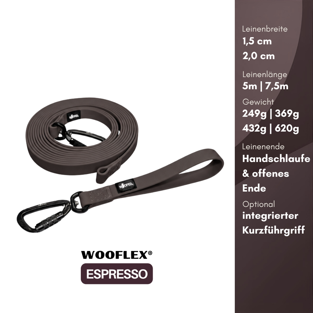 Multifunktionale Wooflex® Hundeleine in Espresso, 1,5 cm breit und 5 m lang, ideal für Spaziergänge und Training.