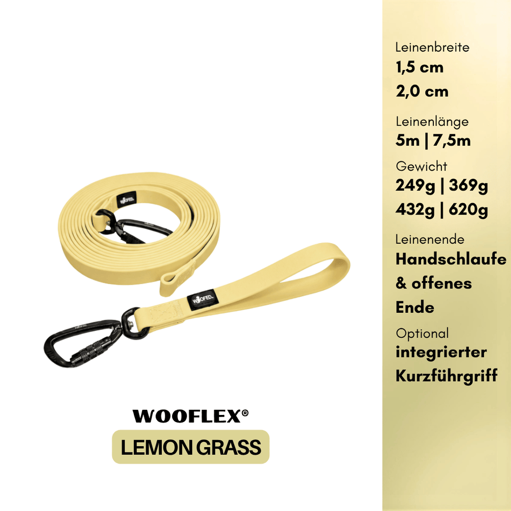 Multifunktionale WOOFLEX® Hundeleine in Lemon Grass, 1,5 cm oder 2,0 cm breit, 5 m oder 7 m lang.