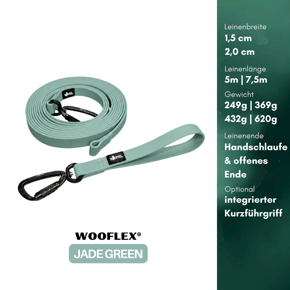 Multifunktionale WOOFLEX® Schleppleine in Jade Green, 1,5 cm breit, erhältlich in 5 m oder 7,5 m Längen.
