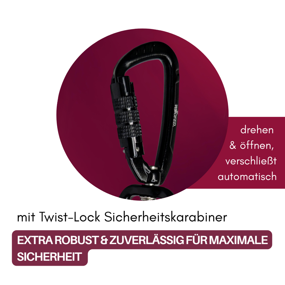 Schwarzer Twist-Lock Sicherheitskarabiner mit automatischer Verschlussmechanik für maximale Sicherheit und Robustheit.