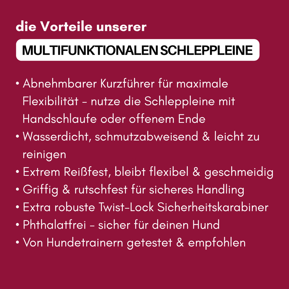 Multifunktionale WOOFLEX® Schleppleine: abnehmbarer Kurzführer, wasserfest, schmutzabweisend, reißfest und rutschfest.