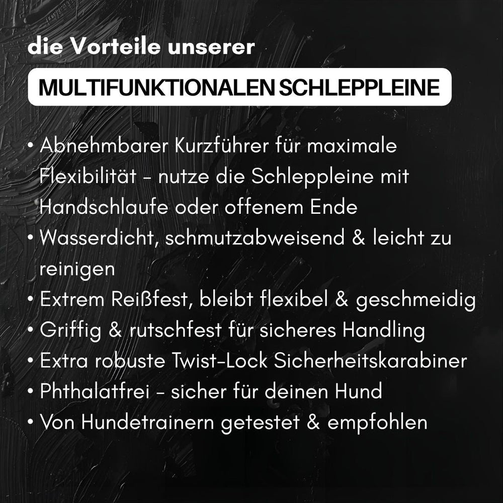 Multifunktionale Schleppleine mit Vorteilen: flexibel, wasser- und schmutzabweisend auf schwarzem Hintergrund.