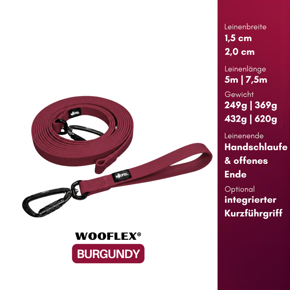 Burgunderrote multifunktionale Hundeleine WOOFLEX® in zwei Breiten und 5 m Länge für optimalen Komfort beim Gassi gehen.