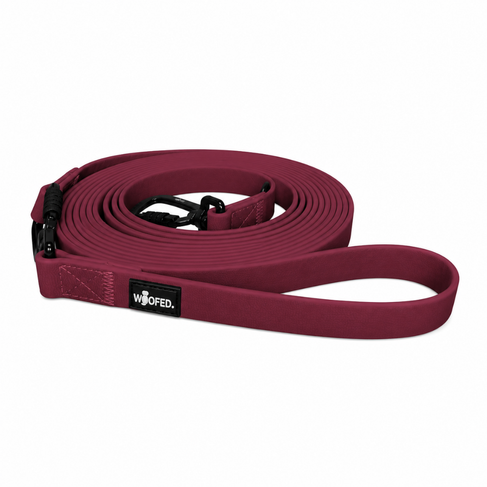 Multifunktionale burgunderrote Hundeleine WOOFLEX® aus strapazierfähigem Material mit stabilem Karabiner.