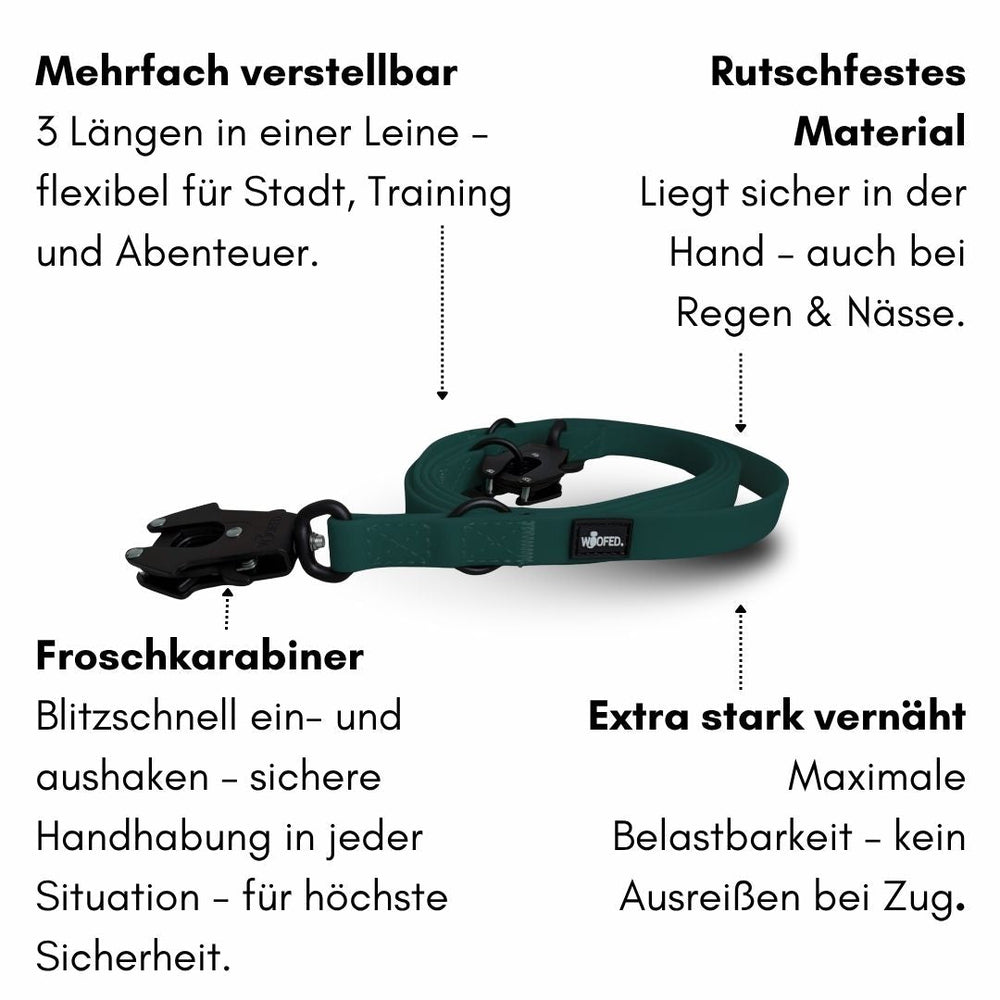 Verstellbare grüne Hundeleine WOOFLEX® mit Froschkarabiner, rutschfest, drei Längenoptionen für optimale Sicherheit.
