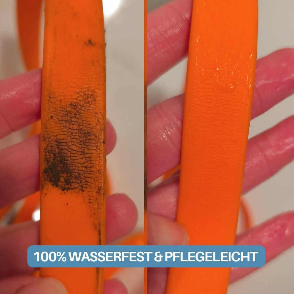 Verstellbare WOOFLEX® Führleine mit Froschkarabiner, orangefarben, links gebraucht, rechts gepflegt.