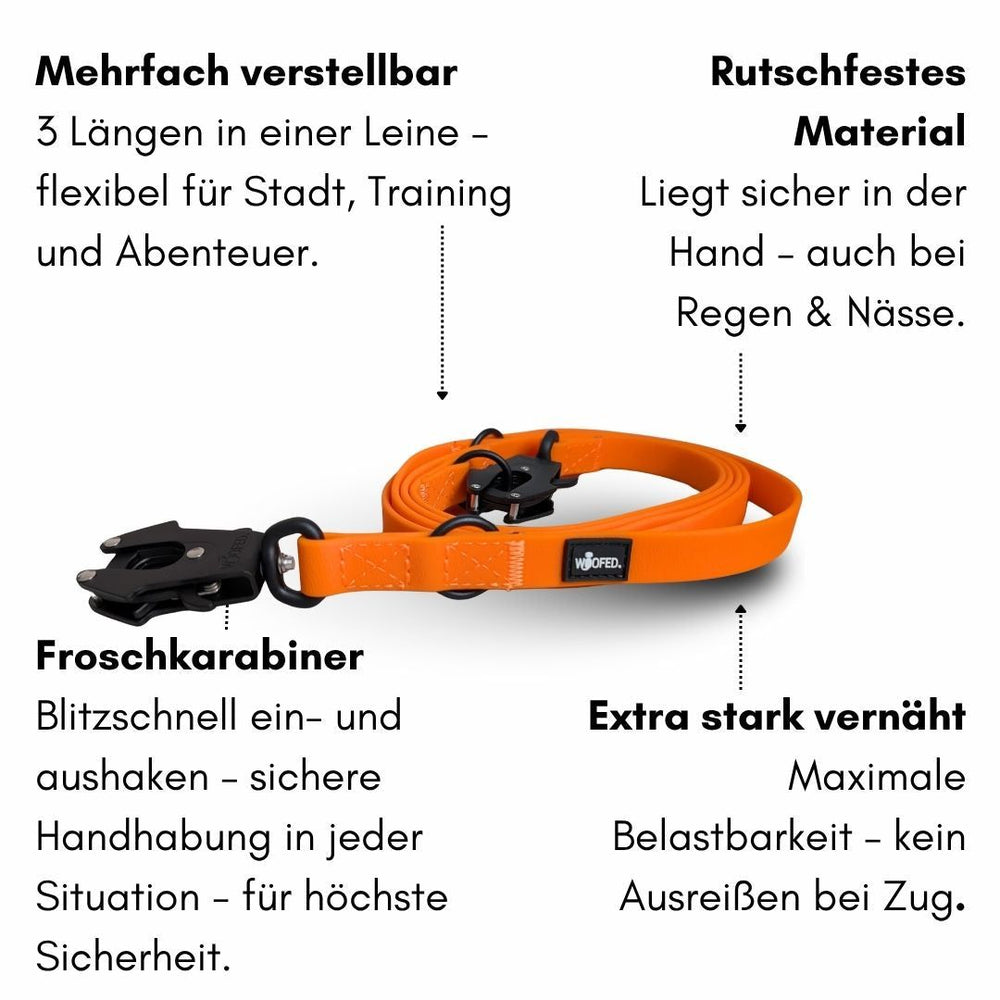 Verstellbare WOOFLEX® Hundeleine mit Froschkarabiner in leuchtendem Orange, rutschfest, ideal für nasse Bedingungen.