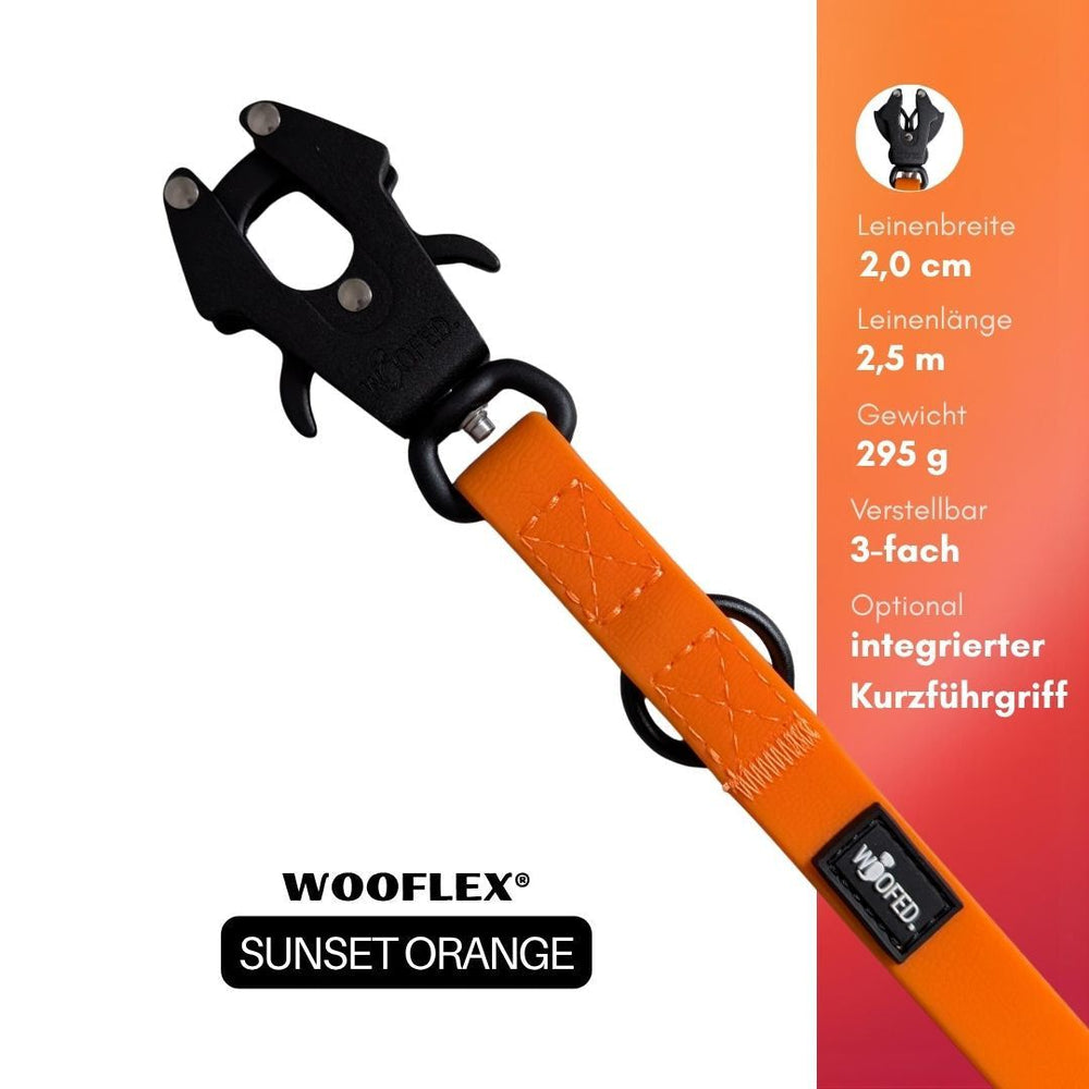 Verstellbare orange Hundeleine WOOFLEX® mit Froschkarabiner, 2,0 cm breit, 2,5 m lang, dreifach verstellbar.