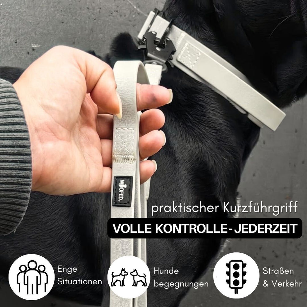 Hand hält Hund mit schwarzem Fell an WOOFLEX® Kurzführer, verstellbar und robust in hellen Farben.