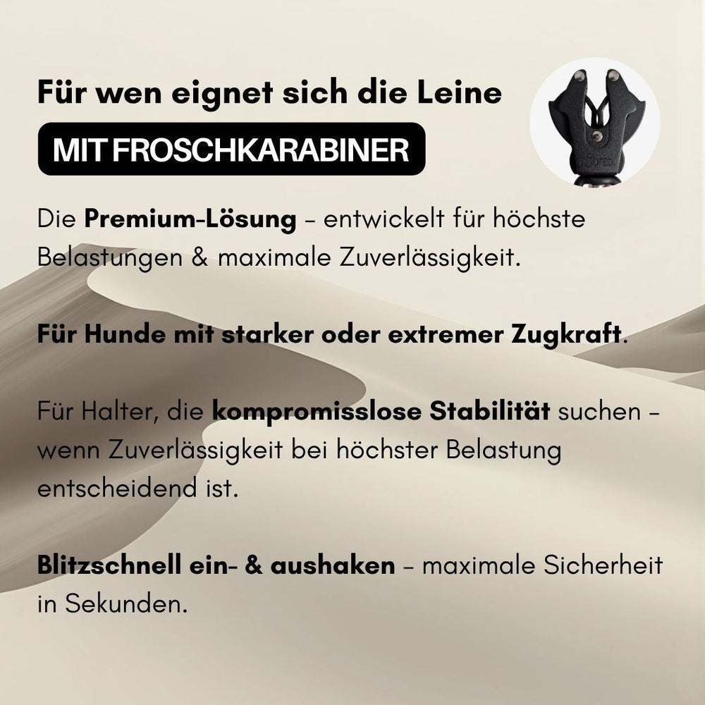 Verstellbare WOOFLEX® Führleine mit Froschkarabiner für starke Hunde, bietet Stabilität und Zuverlässigkeit beim Gassigehen.