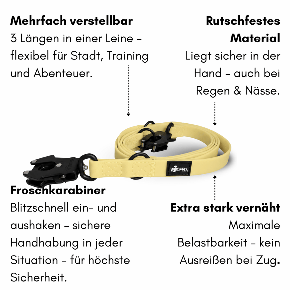 Flexible Hundeleine WOOFLEX® in Gelb mit rutschfestem Griff und verstellbarer Länge, ausgestattet mit Froschkarabiner.