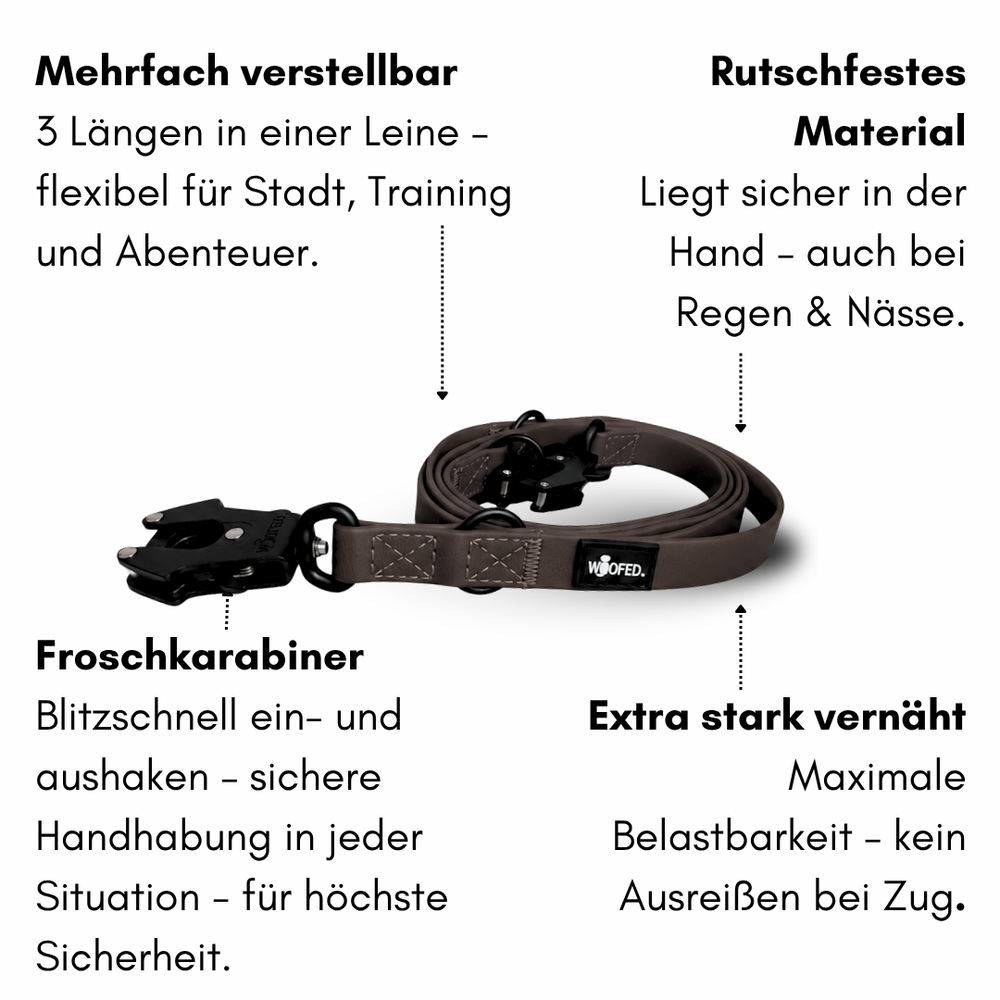 Verstellbare WOOFLEX® Hundeleine mit rutschfestem Material und Froschkarabiner für sicheres Handling.